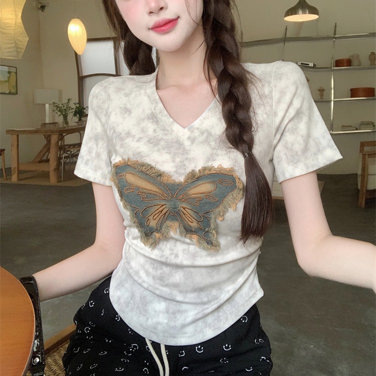 胖mm显瘦V领短袖t恤大码女装夏季新款辣妹美式小衫设计感正肩上衣