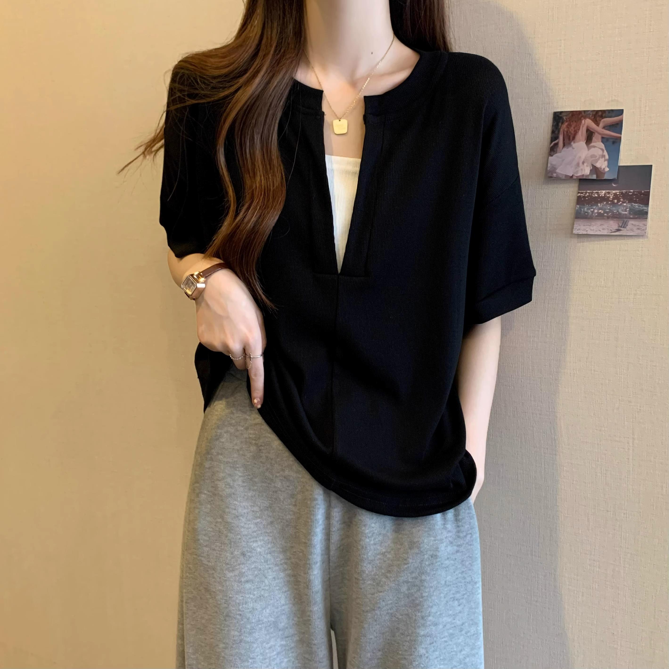 300斤大码女装韩版遮肚子假两件短袖T恤夏季胖mm宽松显瘦正肩上衣
