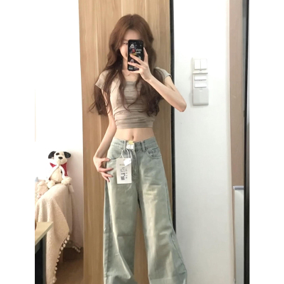 美式u领正肩短袖t恤女夏