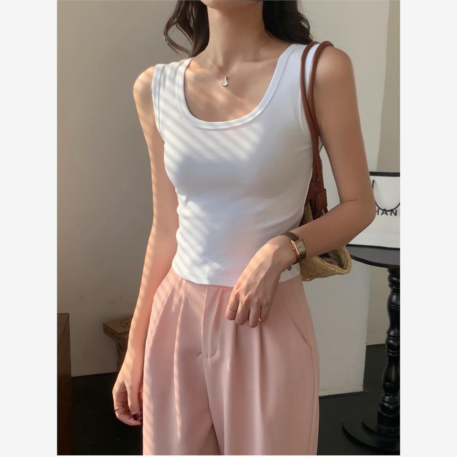 纯棉背心女夏内搭短款高腰紧身露脐吊带打底叠穿白色无袖t恤上衣