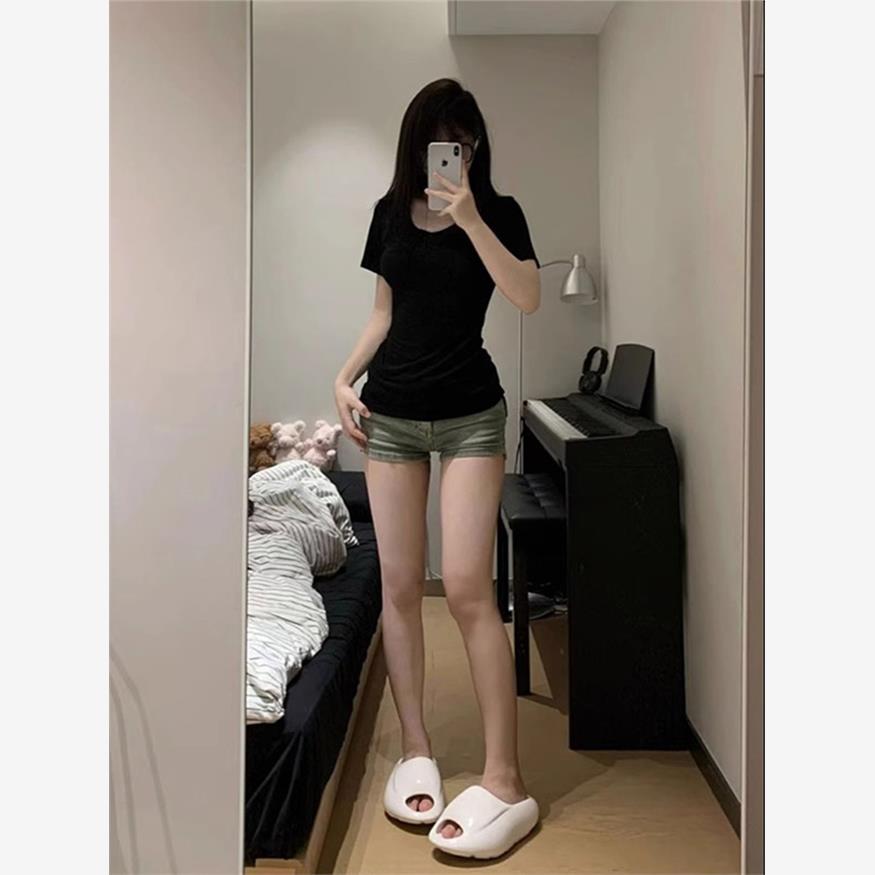 美式纯棉v领黑色短袖正肩t恤女夏季修身设计感小众辣妹上衣小个子