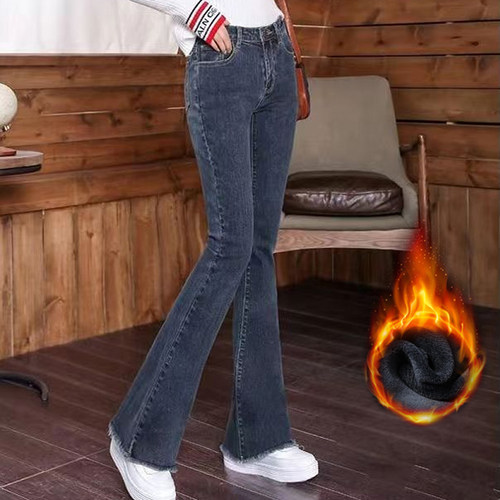 蓝灰色微喇牛仔裤女春秋季小喇叭