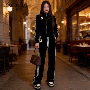 Ducurno高端欧货休闲套装女2025春款洋气金丝绒卫衣阔腿裤两件套