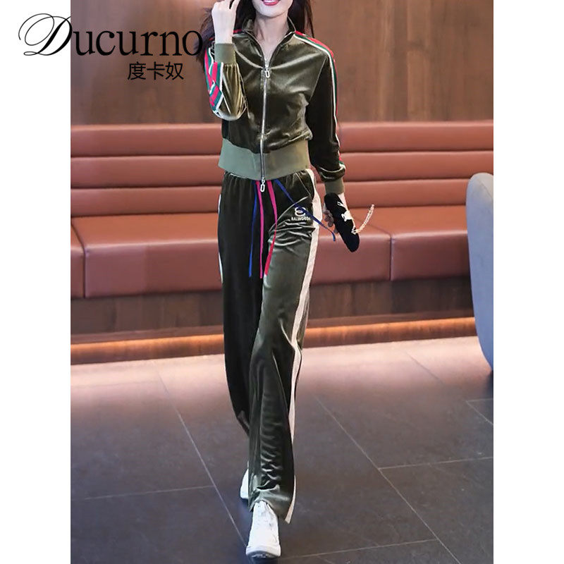 Ducurno春季金丝绒时尚气质上衣套装女2025新款大码女装两件套潮