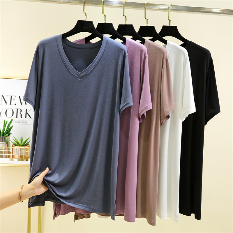中长款短袖T恤衫女夏薄内搭打底衫外穿莫代尔v领纯色大码开叉上衣