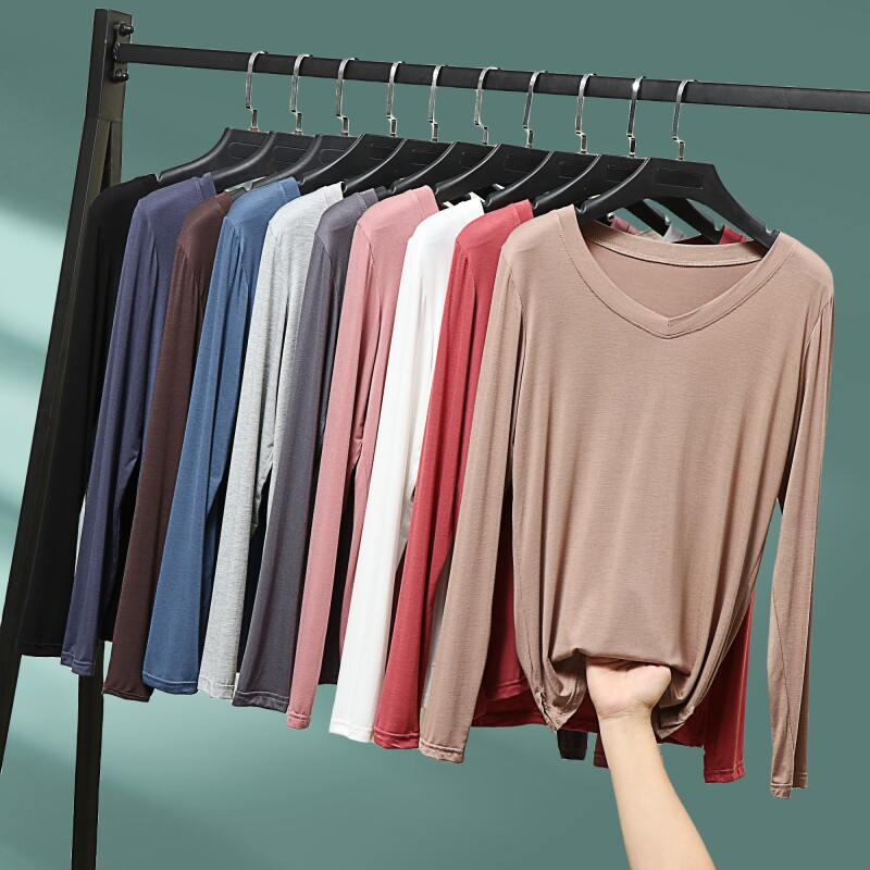 女春秋薄款莫代尔V领长袖T恤修身显瘦内搭简约休闲打底衫外穿上衣