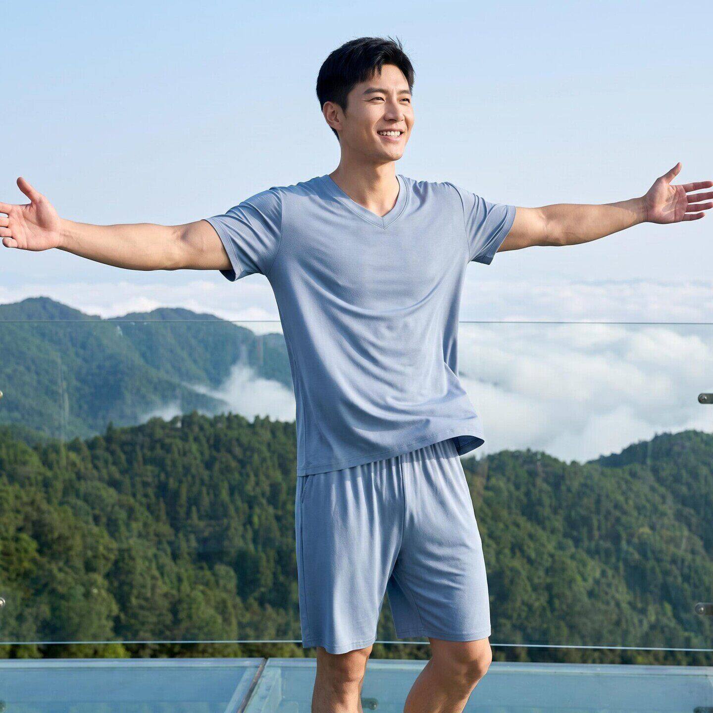 莫代尔两件套睡衣睡裤大码家居服薄套装夏季男士v领短袖短裤凉感