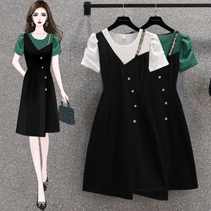 RM12977#夏季新款胖MM拼色时尚链条不规则修身显瘦假两件连衣裙