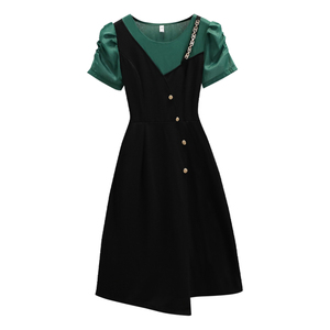 RM12977#夏季新款胖MM拼色时尚链条不规则修身显瘦假两件连衣裙