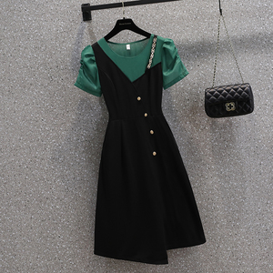 RM12977#夏季新款胖MM拼色时尚链条不规则修身显瘦假两件连衣裙