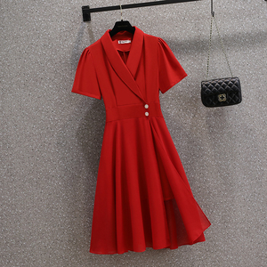 RM12979#新款大码女装时尚气质西装领收腰显瘦遮肚开叉连衣裙