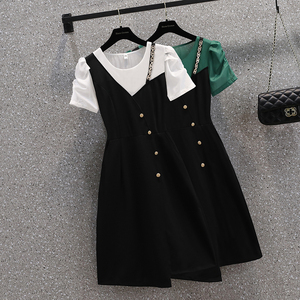 RM12977#夏季新款胖MM拼色时尚链条不规则修身显瘦假两件连衣裙