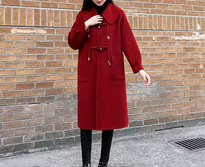 圣诞节红色呢子大衣女中长款2025新款结婚牛角扣小个子毛呢外套女