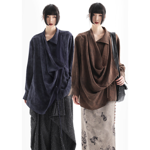 APOZi collection【澹澹系列】新中式不规则绑带上衣两色波浪衬衫