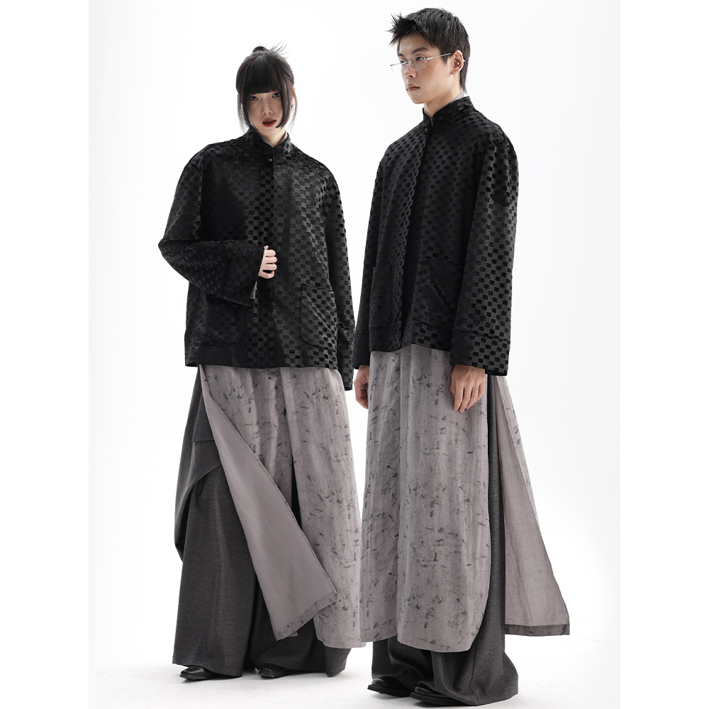 APOZi collection/镜水浮金/复古黑灰棋盘格衬衫外套宽松长袖衬衣