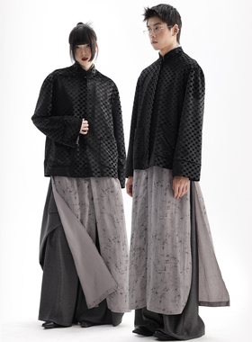 APOZi collection/镜水浮金/复古黑灰棋盘格衬衫外套宽松长袖衬衣