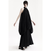 黑色双层无袖 APOZi collection拟陶系列新中式 挂脖水母花苞连衣裙