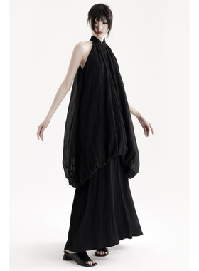 APOZi collection拟陶系列新中式黑色双层无袖挂脖水母花苞连衣裙