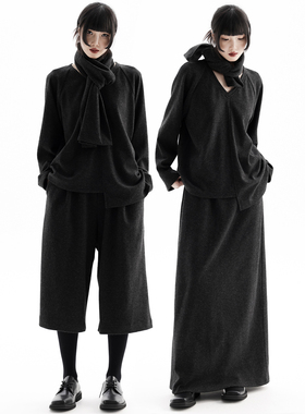 APOZi collection/浮雾柔金/冬季针织围巾上衣半身裙七分裤三件套