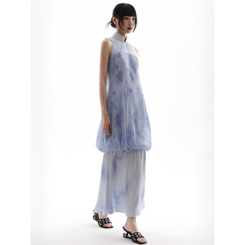 APOZi collection【溯源系列】新中式蓝沁旗袍日常显瘦花苞连衣裙