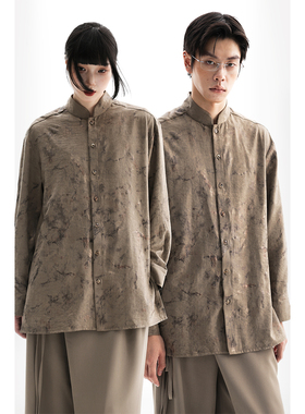 APOZi collection/山水哲学/新中式国风烫金衬衫秋冬宽松内搭衬衣