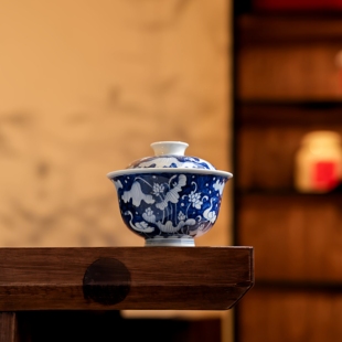 景德镇陶瓷青花一鹭莲升盖碗手绘釉下彩纯手工柴窑茶具喝茶碗小碗