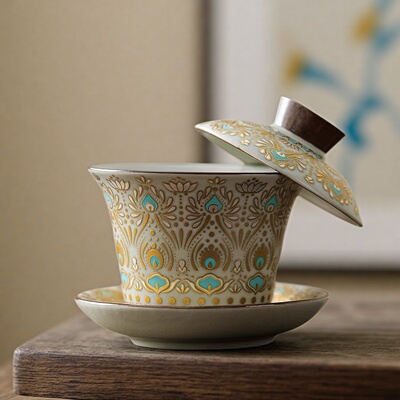 丰序汝窑三才盖碗悬停旋转功夫茶具家用敦煌泡茶碗轻奢喝茶敬茶碗