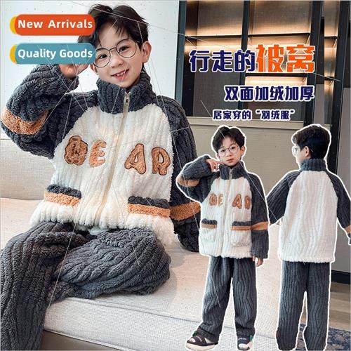 Childrens pajamas boys fall and winter coral fleece thickene