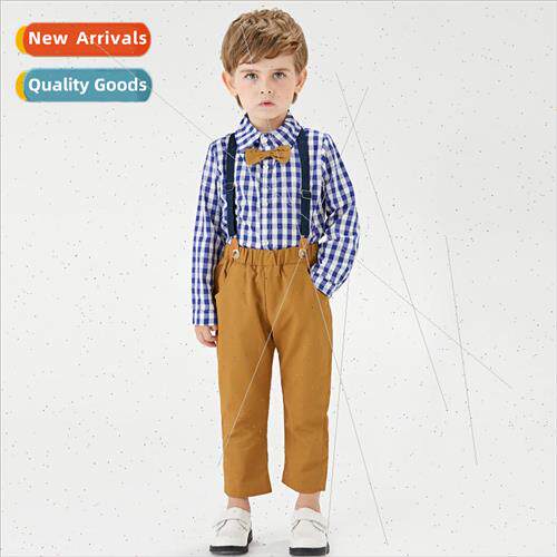 Boys suit fashion plaid long sleeve shirt bow tie back pants