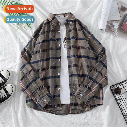 New long-sleeved shirt mens Hong Kong  retro lapel plaid shi