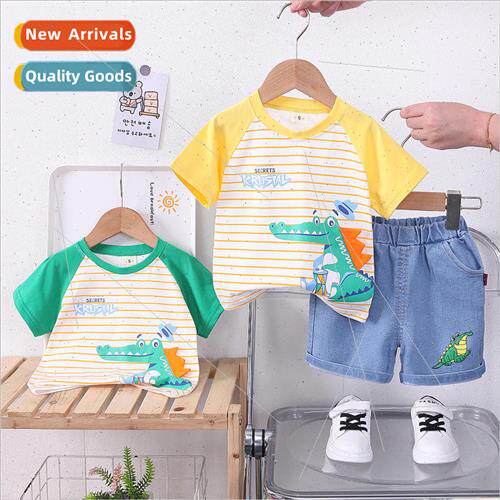 2023 summer new baby boy crocodile striped short-sleeved sui