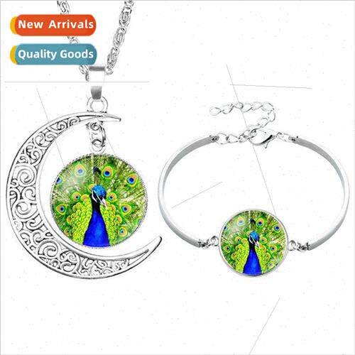Colorful Peacock Feather Time Gemstone Necklace Bracelet Set