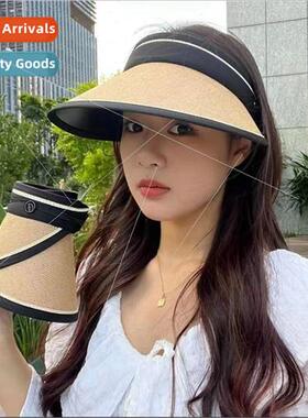 Straw sunshade hollow top hat female summer large brim sunsc