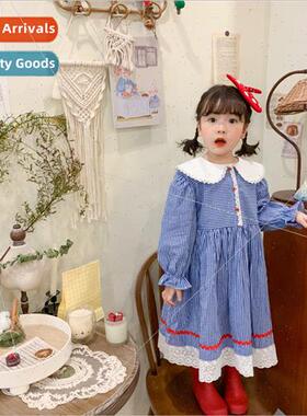 2021 Spring and Autumn new girls plaid dress Korean lace lac