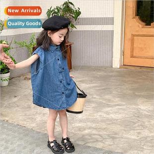 Girls 2023 Summer Sleeveless Shirt Dress Medium Long Casual