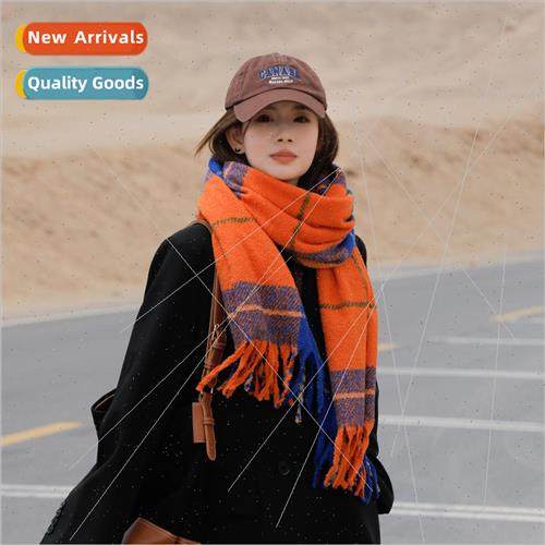 Clashing color plaid thick tassel scarf female niche winter