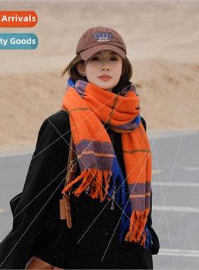 Clashing color plaid thick tassel scarf female niche winter