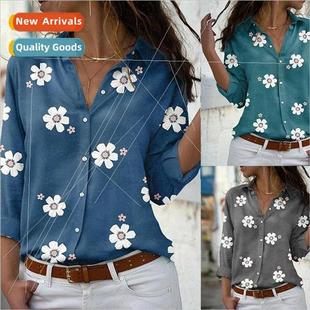 sleeved fashio lapel temperament New shirt floral long print