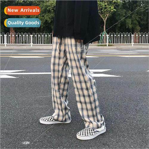 Drag the ground sense of plaid pants female men loose spring