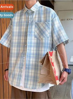 Youth short-sleeved plaid shirt men loose ins nd casual summ