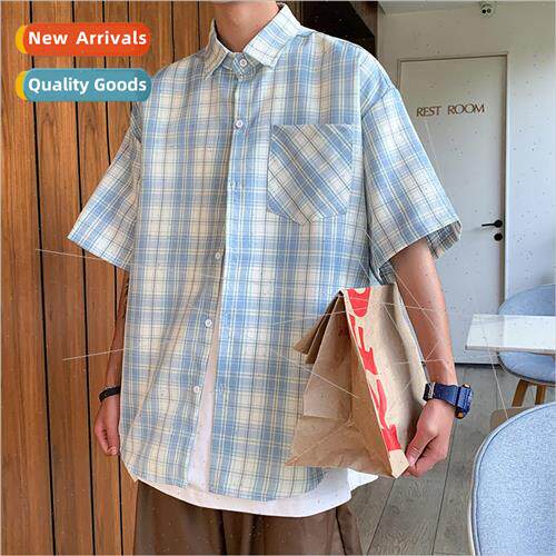 Youth short-sleeved plaid shirt men loose ins nd casual summ