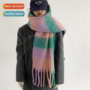 plaid lengthening scarf female fall Thickening 2022 and