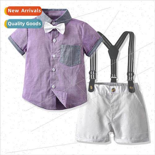 Summer childrens suit boys purple short-sleeved shirt back w