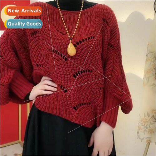 One neck shawl sweater women crochet flower pullover elastic