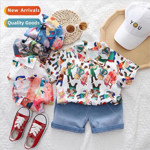 Boys short-sleeved suit flower shirt two-piece cotton denim