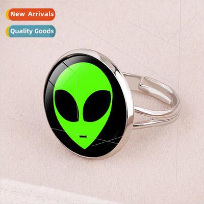 Green Alien Time Gemstone Opening Adjustable Ring Creative N