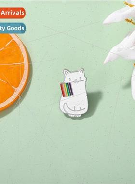 Rainbow Cute White Biting Flag Cat Animal Brooch Electroplat