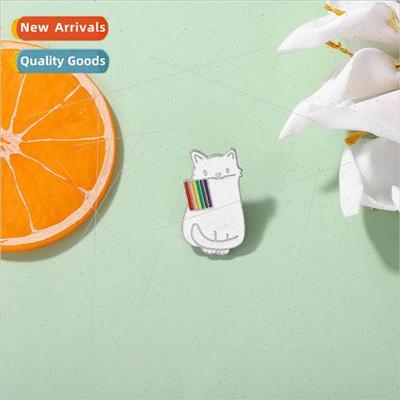 Rainbow Cute White Biting Flag Cat Animal Brooch Electroplat