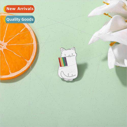 Rainbow Cute White Biting Flag Cat Animal Brooch Electroplat