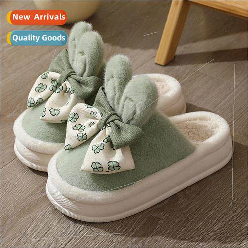 Autumn and winter bow tie cotton slippers female warm indoor